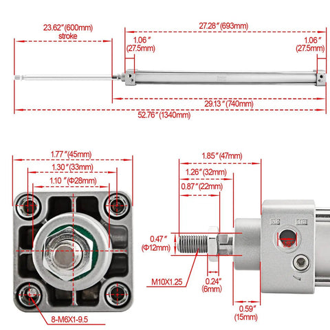 Diagram of Tie-Rod Pneumatic Air Cylinder With 32mm Bore And 600mm Stroke PT One-Eighth Port, showing detailed measurements.