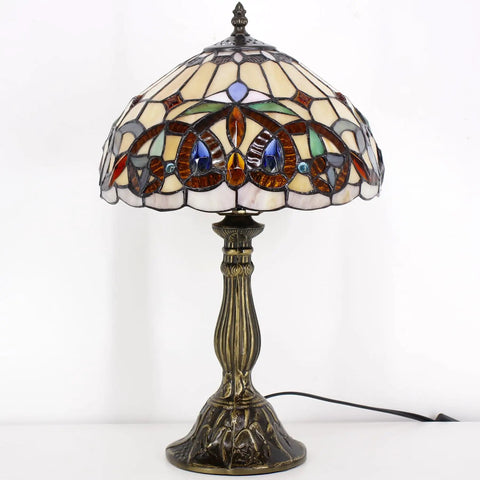 Tiffany Style Stained Glass Table Lamp With Vintage Victorian Vibe, 12 Inch Shade, 18 Inch Tall, Antique Green Bronze Base