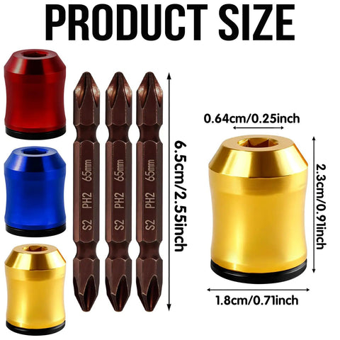 Magnetic Screw Ring Set With Three Ph2 Bits And Universal Bit Holder displayed with product dimensions