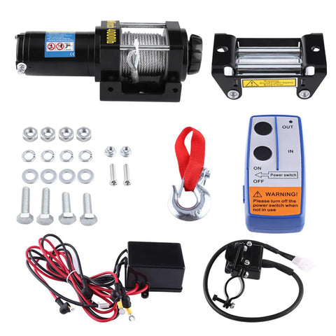 Heavy Duty Fabater 4000 Lb Electric Winch With Steel Cable and Three Stage Planetary Gear System components including remote, steel cable, and hardware.