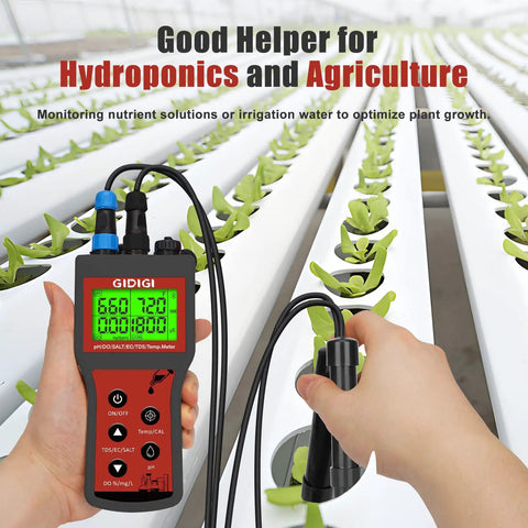 Person using All In One Water Quality Meter For Aquariums And Hydroponics With Dissolved Oxygen pH Salinity TDS EC And Temp Bluetooth Data Logging And Calibration Kit For Fish Tanks Ponds Brewing in a hydroponic setup.