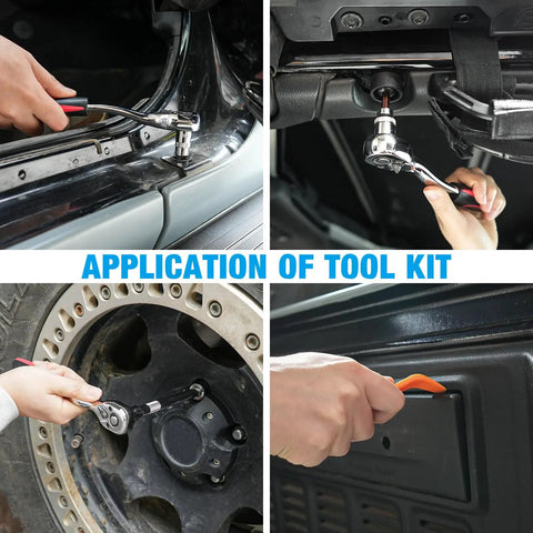 Door Removal Tool Kit For Jeep Wrangler And Gladiator Three Eighths Inch Ratchet Set With Universal Joint Ten Thirteen Nineteen Millimeter Sockets Torx Bits T25 T40 T45 T50 M4 M5 Bits And Plastic Pry Tool For Door Roof Spare Tire And Other Hardware used on Jeep door, roof and spare tire fasteners