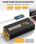 3000W Pure Sine Wave Inverter For RV And Off Grid Power 24V DC To 110V 120V AC 4 AC Outlets Remote Control Type C PD30W USB QC3 Quick Charging Ready For Truck Or Home Solar in use powering a laptop