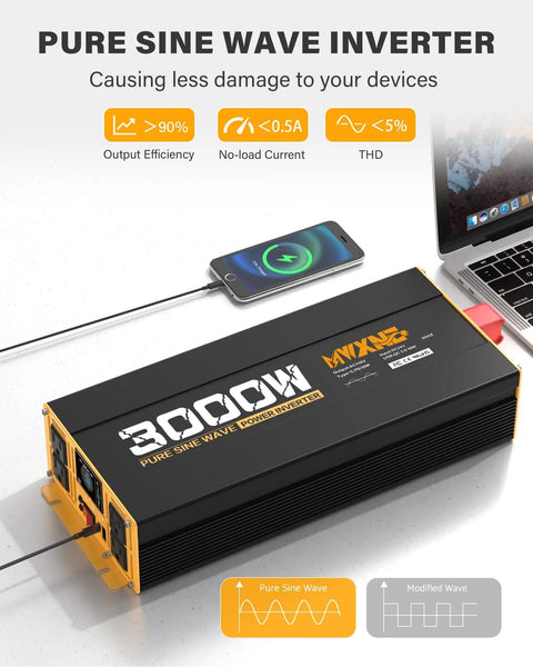 3000W Pure Sine Wave Inverter For RV And Off Grid Power 24V DC To 110V 120V AC 4 AC Outlets Remote Control Type C PD30W USB QC3 Quick Charging Ready For Truck Or Home Solar in use powering a laptop