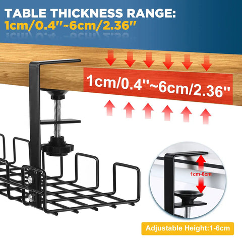 Under Desk Cable Management Tray No Drill Clamp On System showing adjustable clamp and size specifications