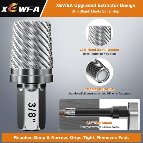 Close-up of 3/8 inch extractor from 15 Piece Bolt And Screw Extractor Set With Long Slim CRMO Steel Build One Quarter Inch Hex Reach