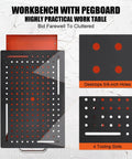 Badass Heavy Duty Welding Table With Pegboard Storage Rock Solid Steel Workbench Supporting 600 Pounds Heat Treated Metal Surface Compact Garage Footprint with pegboard features.