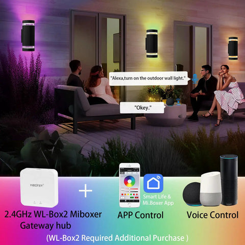 Lit RGB Outdoor Wall Lights With RF Remote, Color Changing Porch Sconces illuminating patio, app and voice control shown.