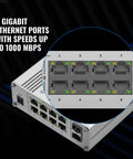Industrial Unmanaged Gigabit Ethernet Switch With Eight RJ45 Ports And Two SFP Fiber Ports Up To 1 Gbps, close-up of ports