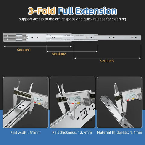 165 Lb Capacity Soft Close Drawer Slides 16-inch side mount with ball bearings and measurement details displayed