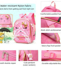 Girls Rolling Backpack Trolley School Bag With Cat Face Bowknot Pink Reflective Strip Cute Luggage For Kids 1st To 3rd Grade With Two Or Six Wheels Lightweight Travel Backpack, water-resistant nylon features highlighted.