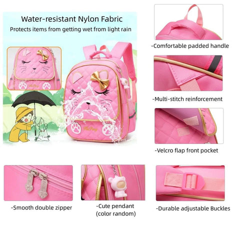 Girls Rolling Backpack Trolley School Bag With Cat Face Bowknot Pink Reflective Strip Cute Luggage For Kids 1st To 3rd Grade With Two Or Six Wheels Lightweight Travel Backpack, water-resistant nylon features highlighted.
