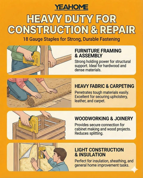 Badass T50 Staples For Serious Upholstery Grunt Work, 2000 Count 1/4 Inch Long featured in heavy duty construction infographic.