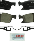 Bosch front ceramic brake pad set with hardware; two pads, mounting brackets and lubricant sachet