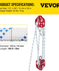 Heavy Duty Twin Sheave Block And Tackle With 1/2 Inch Braided Poly Rope, 7700 Lb Break Rating, Forged Aluminum Double Pulley Rigging System Built Like A Tank For No Sweat Heavy Hauling, featuring 100 ft braided rope and dual pulleys.