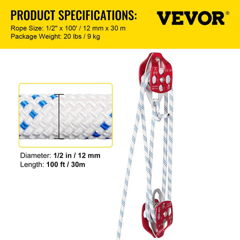 Heavy Duty Twin Sheave Block And Tackle With 1/2 Inch Braided Poly Rope, 7700 Lb Break Rating, Forged Aluminum Double Pulley Rigging System Built Like A Tank For No Sweat Heavy Hauling, featuring 100 ft braided rope and dual pulleys.