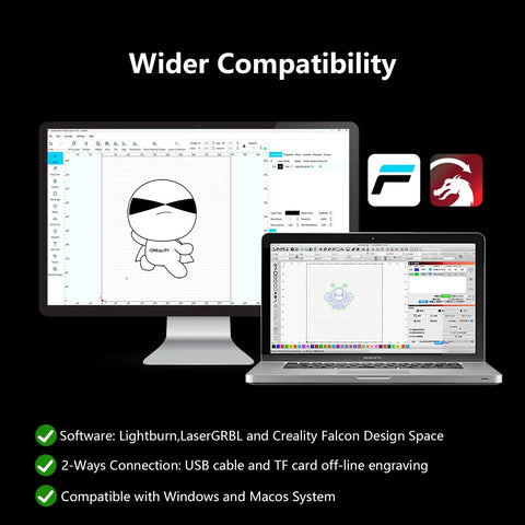 Computer displaying engraving software compatible with Falcon2 Pro 40W Desktop Diode Laser Engraver With Enclosure Smart Camera and Air Assist.