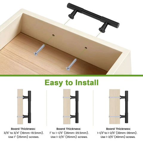 Ten Pack Three Inch Hole Centers Matte Black Solid Cabinet Handles and Drawer Pulls installation guide with board thickness options