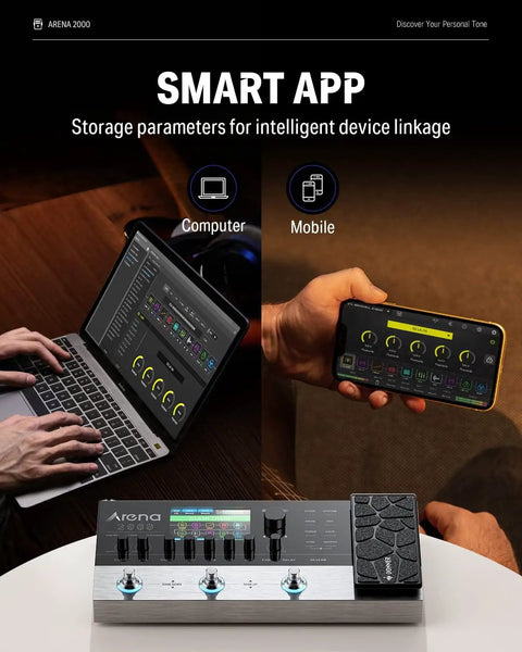 Arena2000 Guitar Multi Effects Pedal with 278 Effects and Smart App Displayed on Laptop and Mobile
