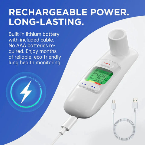 Bluetooth Peak Flow Meter With Digital PEF FEV1 Monitor For Asthma, Real Time Smartphone Sync, Green Backlit Large Display, Ultra Fast One-Second Readings, 300 Memory Data Storage, Easy Breathing Health Tracking, rechargeable with cable