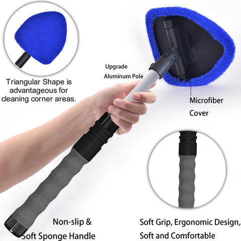 desin windshield cleaning tool with extendable aluminum pole and blue microfiber pad, includes 4 washable pads