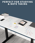 Super Smooth White Corner Standing Desk With Dry Erase Surface L Shaped Sit Stand Workstation 83 By 60 Inches displaying notes and books.