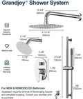 GRANDJOY Shower Faucet Set 10" Rainfall Shower Head Polished Chrome dimensions and installation details.