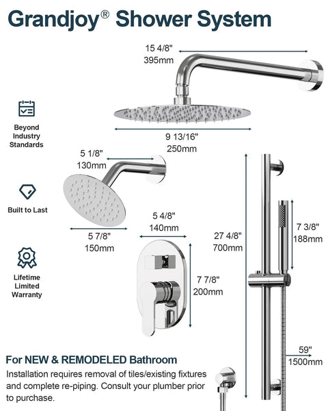 GRANDJOY Shower Faucet Set 10" Rainfall Shower Head Polished Chrome dimensions and installation details.