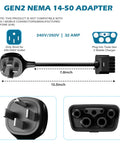 Plug And Play Nema 14-50 To J1772 Converter For Tesla Mobile Connector Gen Two Bullseye Fit Cable showing plug and dimensions.