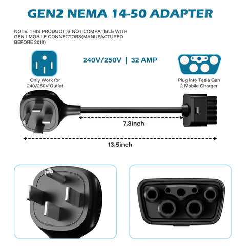 Plug And Play Nema 14-50 To J1772 Converter For Tesla Mobile Connector Gen Two Bullseye Fit Cable showing plug and dimensions.