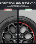 Pro Grade Black Wheel Rim Protectors Four Pack Universal Tire Edge Guards show before and after wheel protection effect.