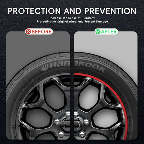 Pro Grade Black Wheel Rim Protectors Four Pack Universal Tire Edge Guards show before and after wheel protection effect.