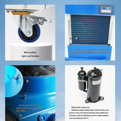 Heavy Duty 220V Industrial Air Conditioner Portable Spot Cooler With Three Adjustable Airflow Ducts And Smart Panel Controls For Shops Or Warehouses Chillin The Area Straight Up All Weekend Long showcasing caster wheels and compressor.