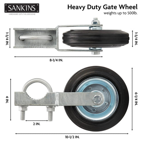 Gate Helper Wheel Set For Swing Gates Up To One And Five Eighths Inches To Two Inches Frame, Six Inch Gate Support Wheel; side and bottom views showing dimensions, heavy duty, rust resistant.