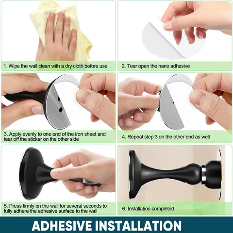 Adhesive installation instructions for Magnetic Door Stopper Heavy Duty Door Holder With No Drill Wall Or Floor Mount 3M Adhesive And Screws