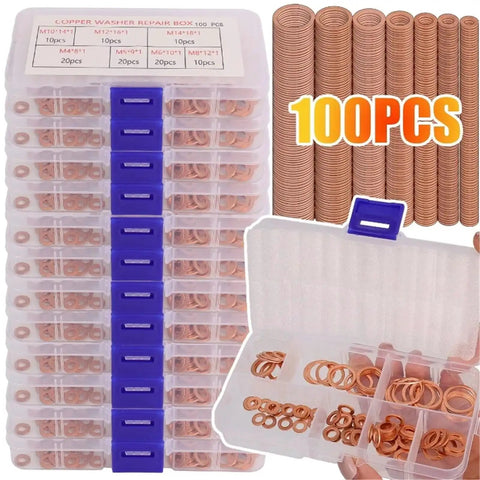 Badass Flat Copper Washers 100 PCS M4 To M14 Oil Drain Sump Plug Seal Kit For Cars Boats Trucks Engine Repair Universal Fit Saves Money DIY Fixes Keeping Things Leak Free Smooth Operation And No Worries In Your Ride Now Today, copper washer organizer box with assorted sizes