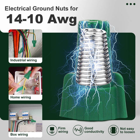 Winged Ground Wire Nuts with Hole for Easy Twist On Green Wire Caps 14-10 AWG Positive Grounding Connectors displayed.