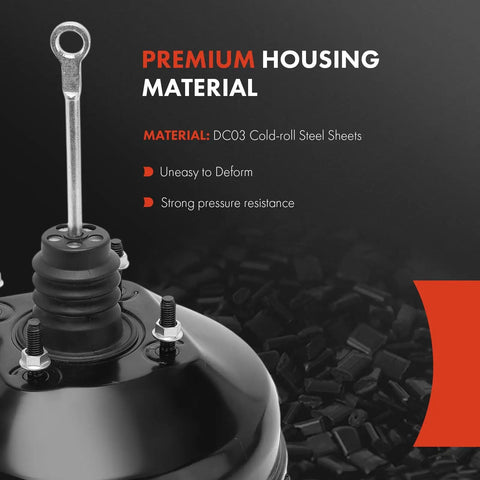 Heavy Duty Premium Grade Straight Up Solid Vacuum Brake Booster Dang Good Replacement with steel construction and pressure resistance.