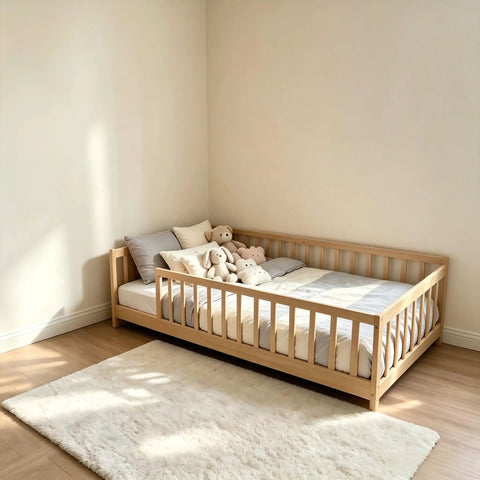 Twin Montessori Floor Bed With Full Surround Safety Guardrails For Little Explorers, Crafted From Premium Pine Wood, with plush toys.