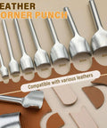 7 Piece Leather Corner Punch Set With Half Depth Round Cutters From 0.39 To 1.57 Inches For Belts Wallets Bags Straps And DIY Leathercraft Projects Sharp Durable Cutting Tools displayed on leather pieces
