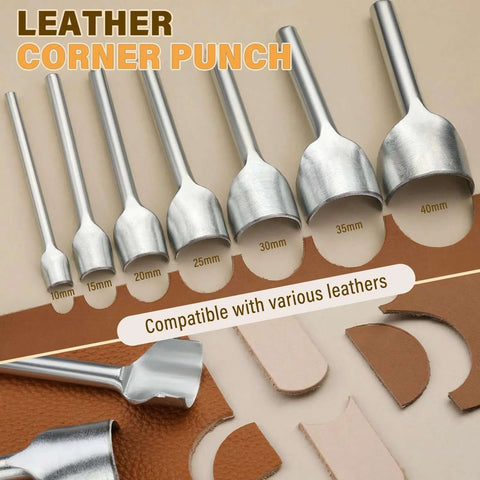 7 Piece Leather Corner Punch Set With Half Depth Round Cutters From 0.39 To 1.57 Inches For Belts Wallets Bags Straps And DIY Leathercraft Projects Sharp Durable Cutting Tools displayed on leather pieces