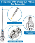 5-piece grease gun needle accessory set with dispenser, rubber coupler, detachable needle tip and two nozzles in metal.