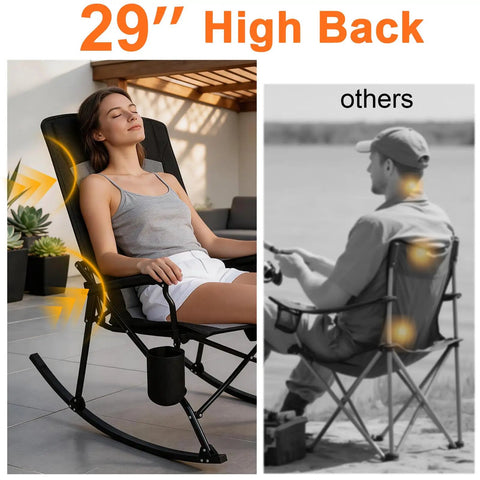 Two Pack Heavy Duty Folding Rocking Chairs For Adults 400 Lbs Capacity with high back and hard armrests in use