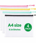 Colorful Four Pack A4 Mesh Zipper Bags With Water Resistant Zippers Durable Plastic Storage Pouches for Office School Travel
