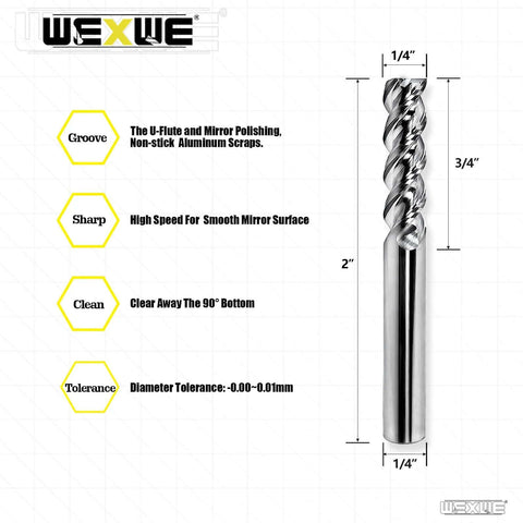 WEXWE carbide end mill, 1/4" shank, 3-flute U-type design for aluminum and copper.