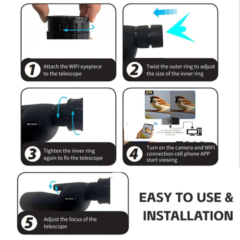 Instruction steps for using Telescope Eyepiece Camera, 4MP Digital Camera, 2K Video Recording Via App with telescope setup examples