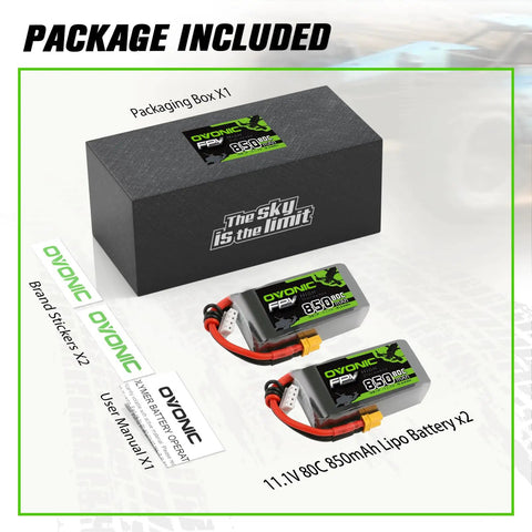 Beast Mode 850mAh 11.1V 3S LiPo Battery Pack With XT30 Connector in packaging with accessories, showing two batteries