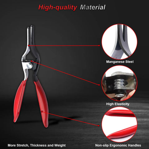 Side view of Automotive Hose Removal Pliers for Quick Disconnect of Vacuum Lines made of manganese steel and ergonomic handles.
