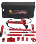 10 Ton Porta Power Hydraulic Kit With Ram Pump And 4.6 Ft Hose for auto body repair, includes various red hydraulic tools and case.