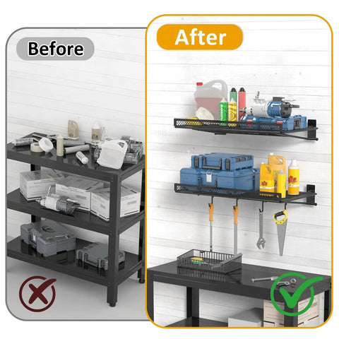 Before and after image showing tools organized on 2 Pack Wall Mounted Garage Shelves 16.5 Inch By 12.2 Inch Heavy Duty Holds Up To 160 Lbs.